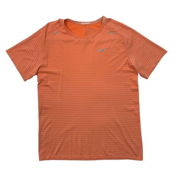 Nike Running T Shirt Mens L Large Salmon Striped Dri Fit Crew Neck Performance - Picture 1 of 9